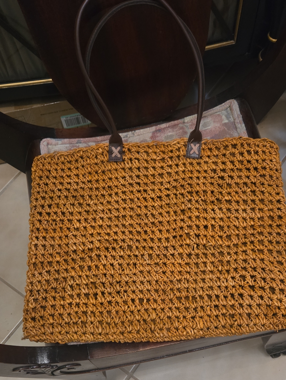 Woven Straw Tote Bag with Brown Handles - Mustard
